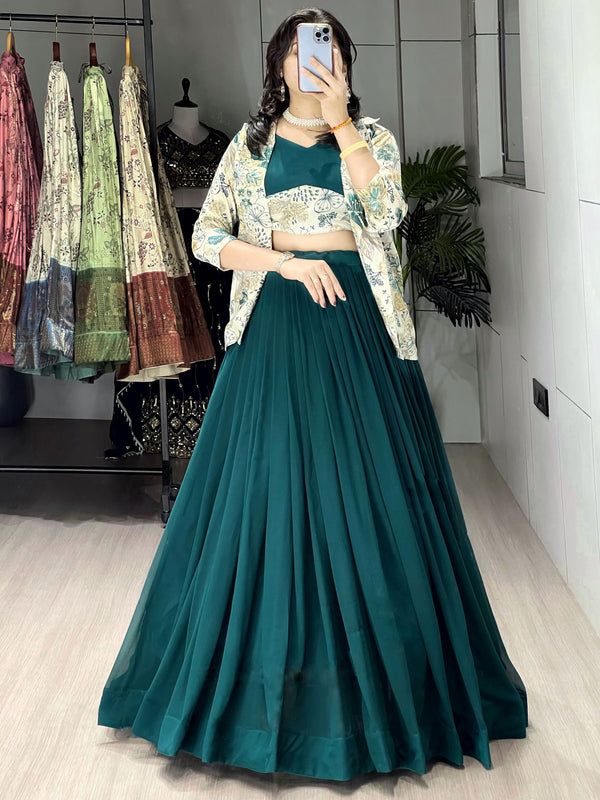 Perfect Green Georgette Event Wear Lehenga Choli With Printed Jacket