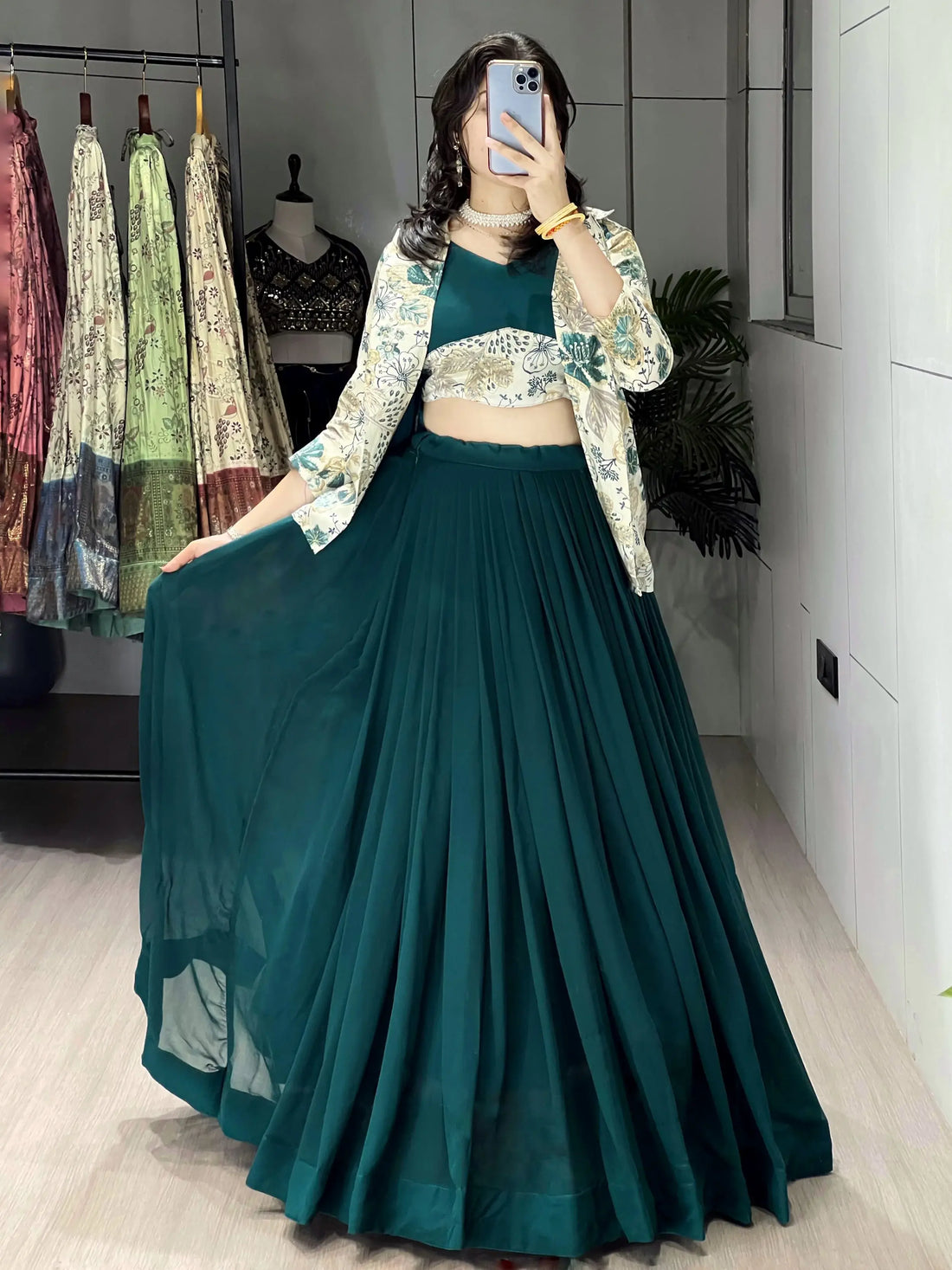 Perfect Green Georgette Event Wear Lehenga Choli With Printed Jacket