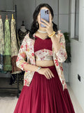 Gorgeous Maroon Georgette Wedding Wear Lehenga Choli With Printed Jacket