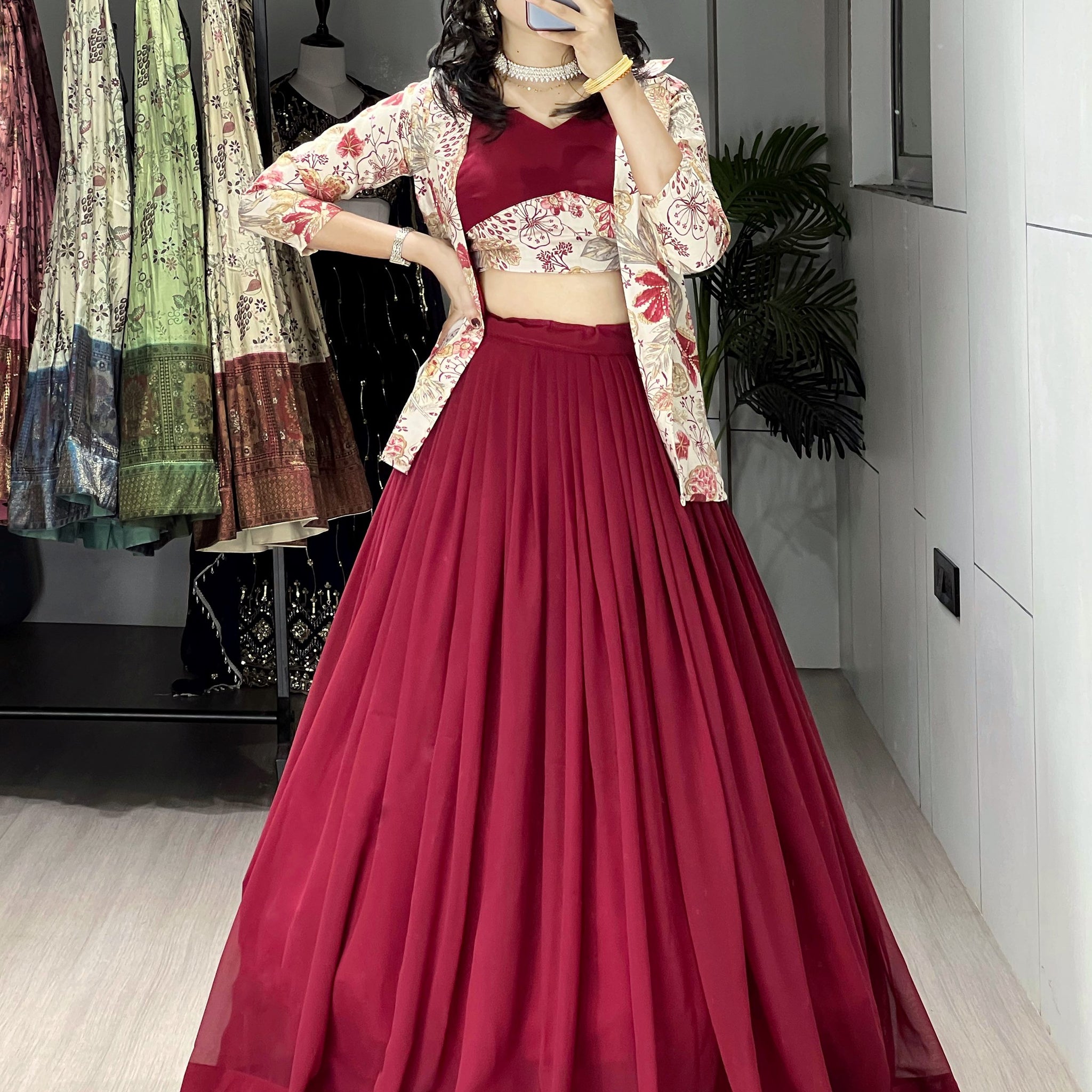 Gorgeous Maroon Georgette Wedding Wear Lehenga Choli With Printed Jacket