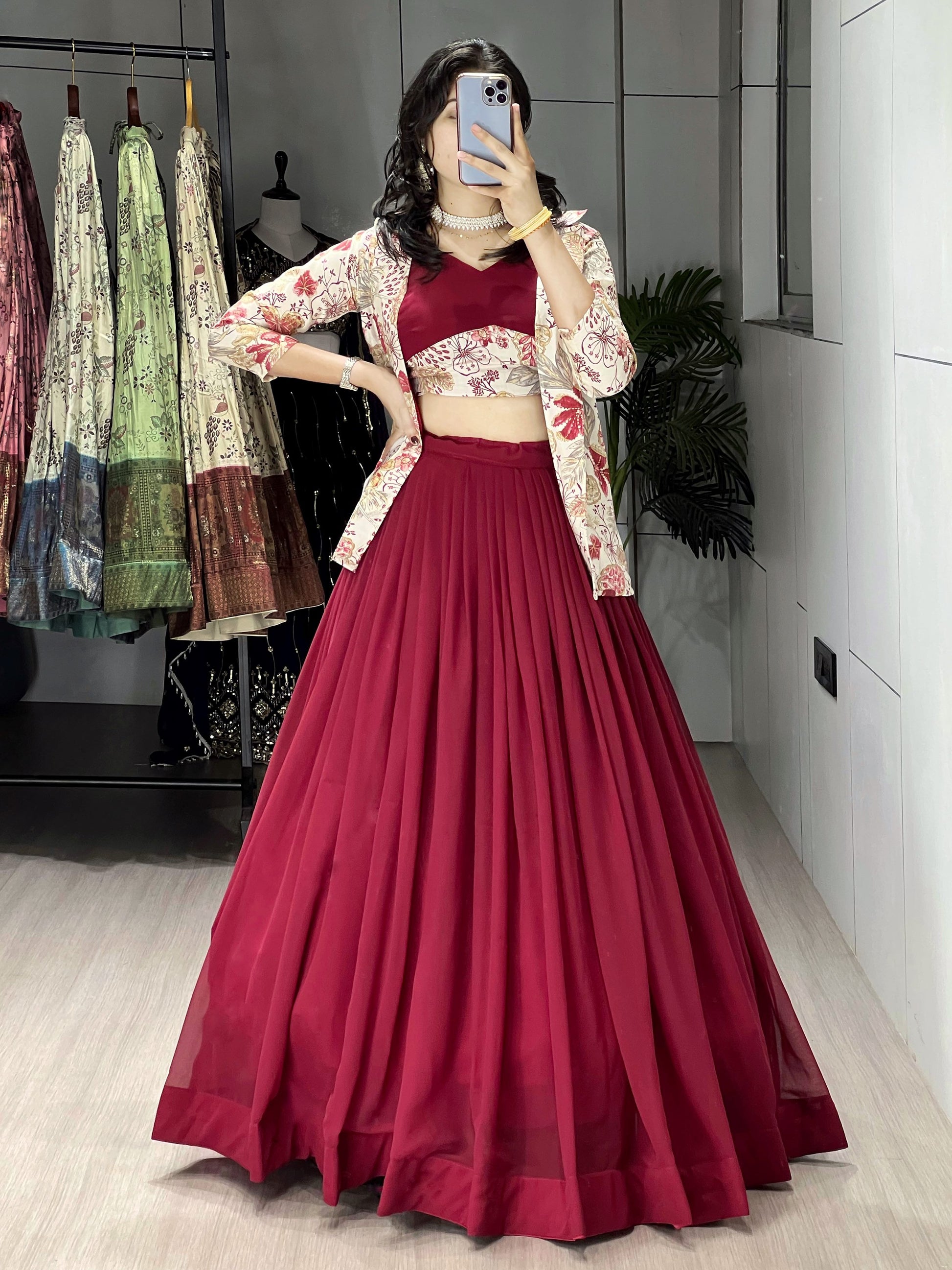 Gorgeous Maroon Georgette Wedding Wear Lehenga Choli With Printed Jacket
