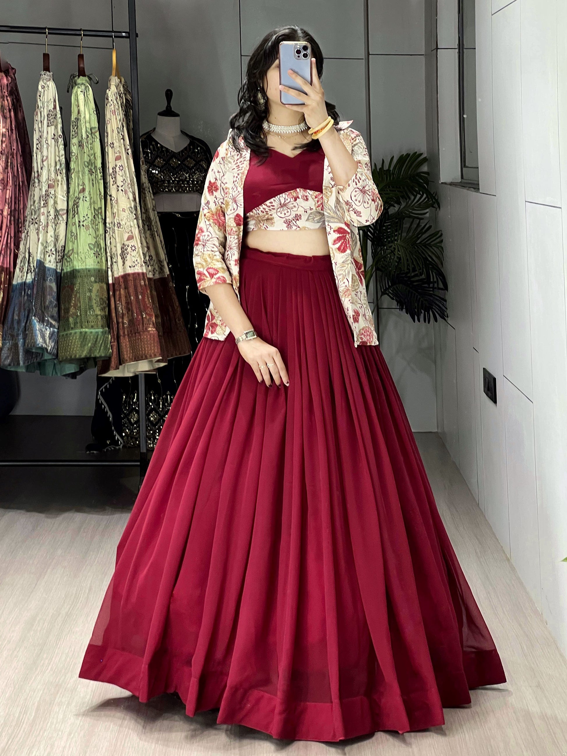 Gorgeous Maroon Georgette Wedding Wear Lehenga Choli With Printed Jacket