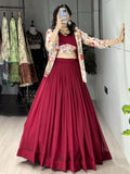 Gorgeous Maroon Georgette Wedding Wear Lehenga Choli With Printed Jacket