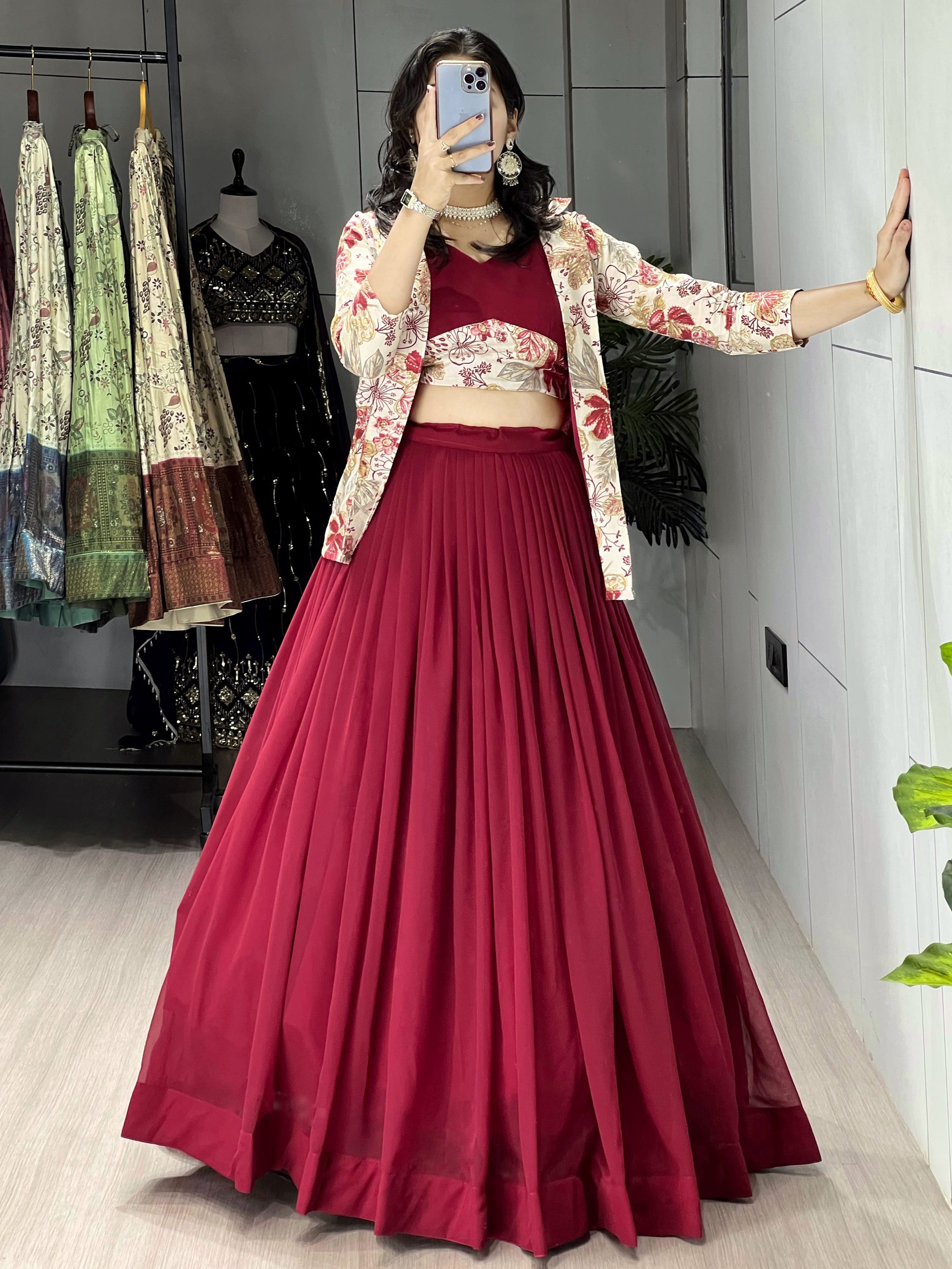 Gorgeous Maroon Georgette Wedding Wear Lehenga Choli With Printed Jacket