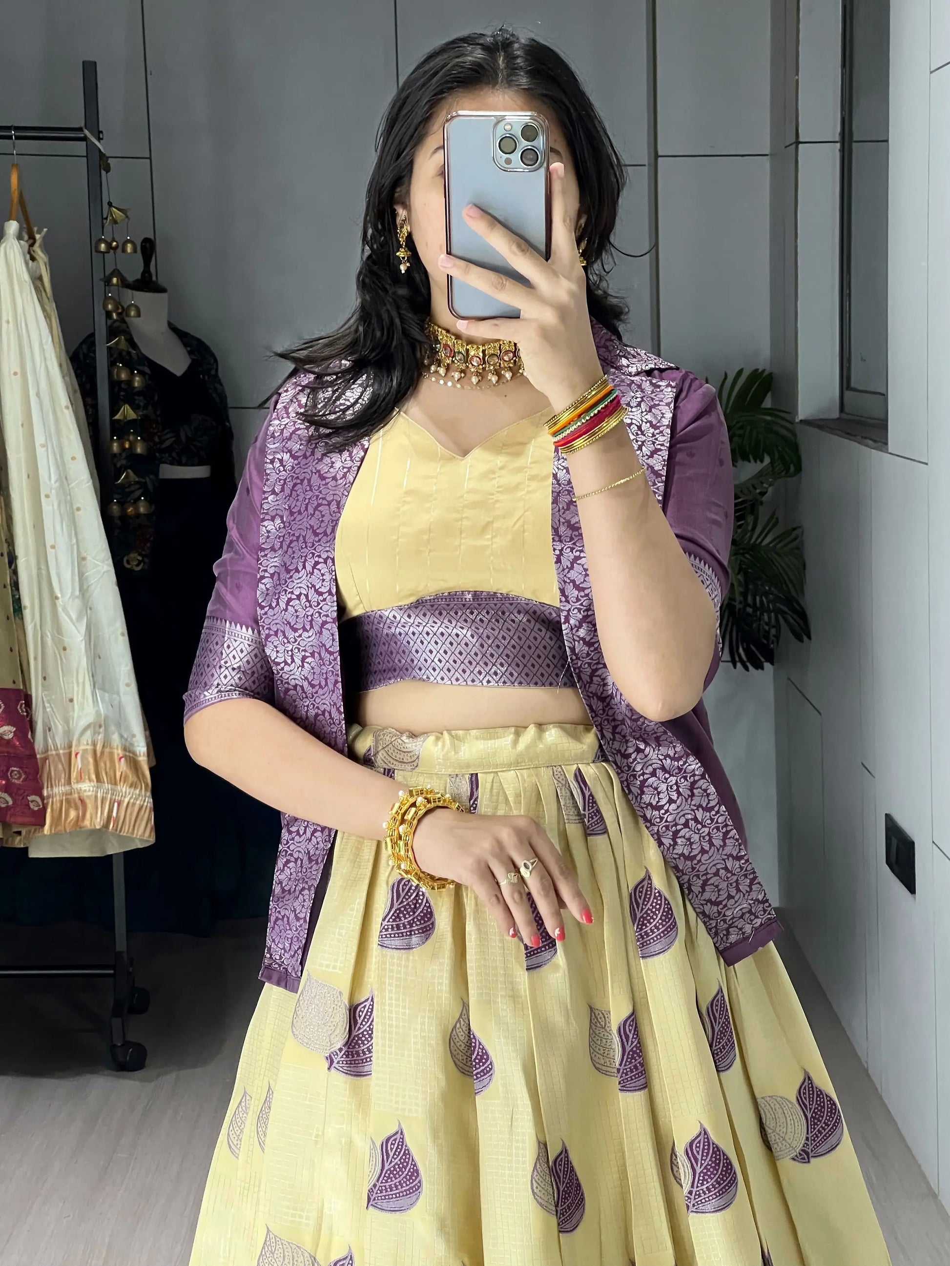 Fabulous Cream Zari Weaving Jacquard Silk Evening Wear Lehenga Choli With Jacket