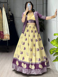 Fabulous Cream Zari Weaving Jacquard Silk Evening Wear Lehenga Choli With Jacket