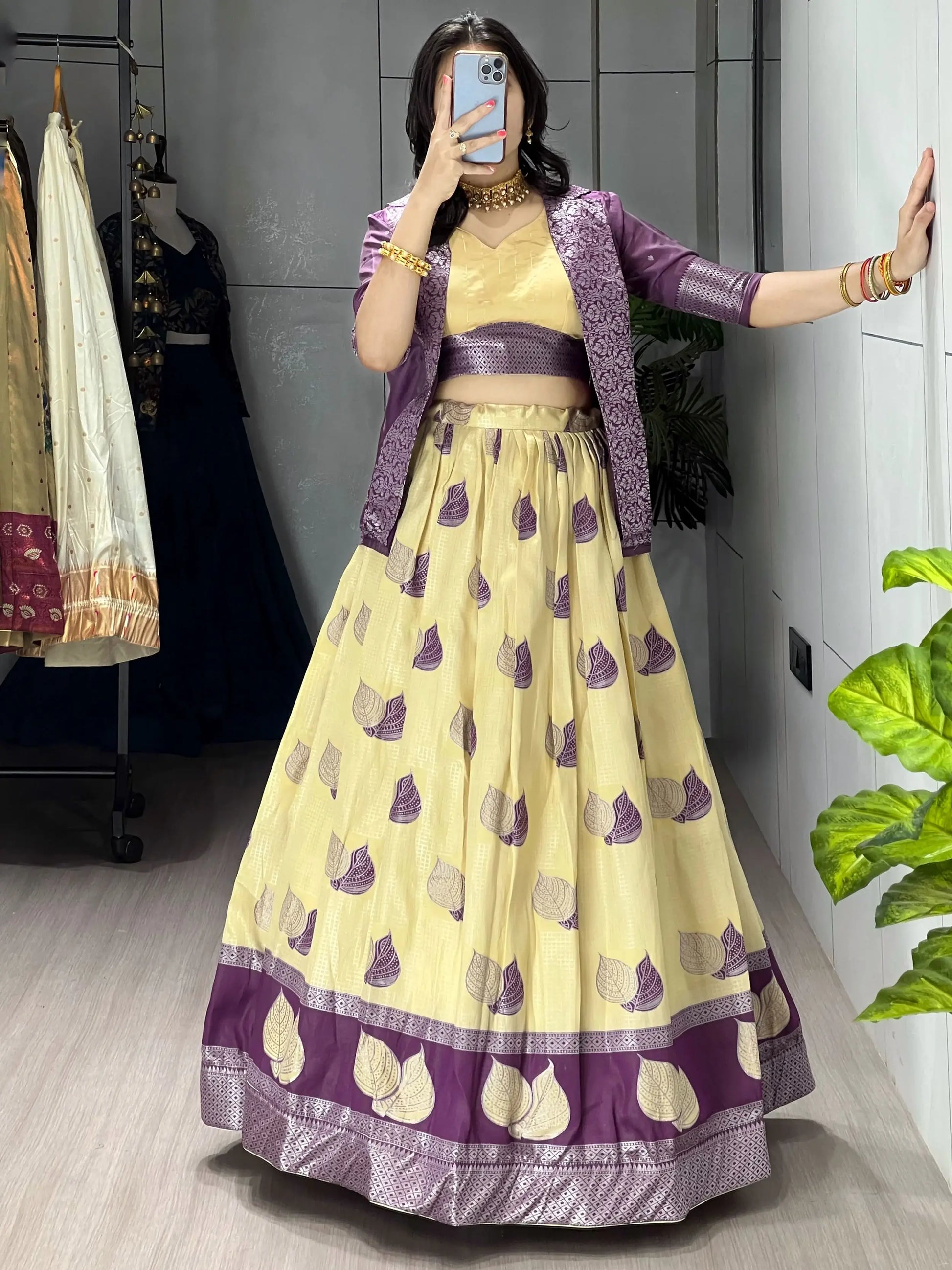 Fabulous Cream Zari Weaving Jacquard Silk Evening Wear Lehenga Choli With Jacket