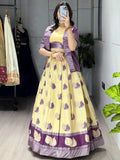 Fabulous Cream Zari Weaving Jacquard Silk Evening Wear Lehenga Choli With Jacket