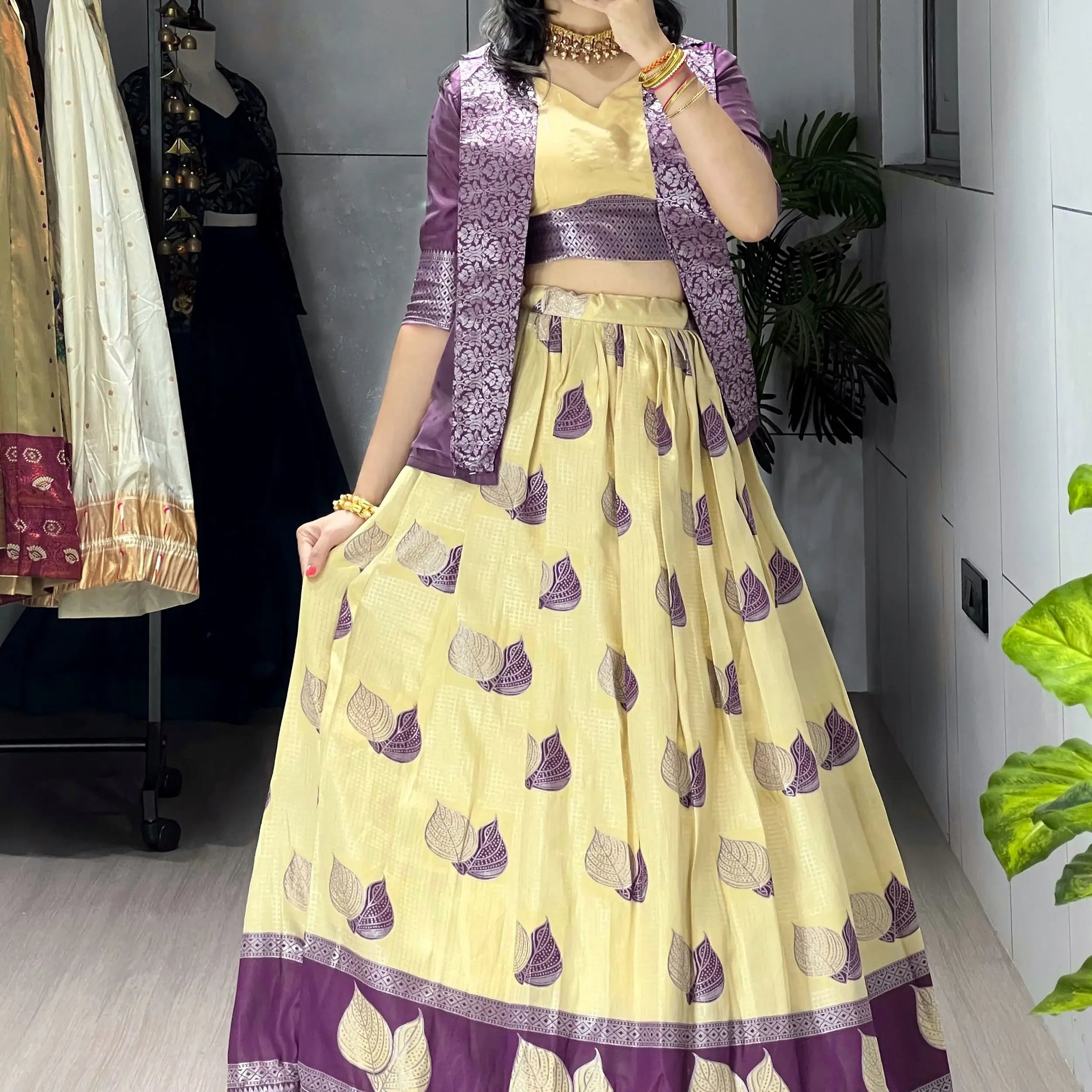 Fabulous Cream Zari Weaving Jacquard Silk Evening Wear Lehenga Choli With Jacket