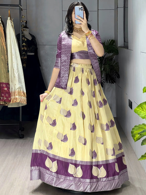 Fabulous Cream Zari Weaving Jacquard Silk Evening Wear Lehenga Choli With Jacket