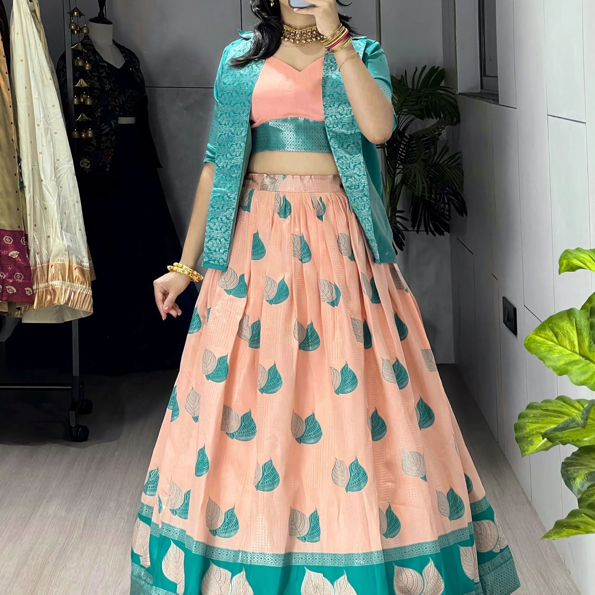 Excellent Peach Zari Weaving Jacquard Silk Festive Wear Lehenga Choli With Jacket