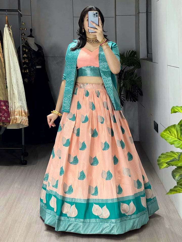 Excellent Peach Zari Weaving Jacquard Silk Festive Wear Lehenga Choli With Jacket