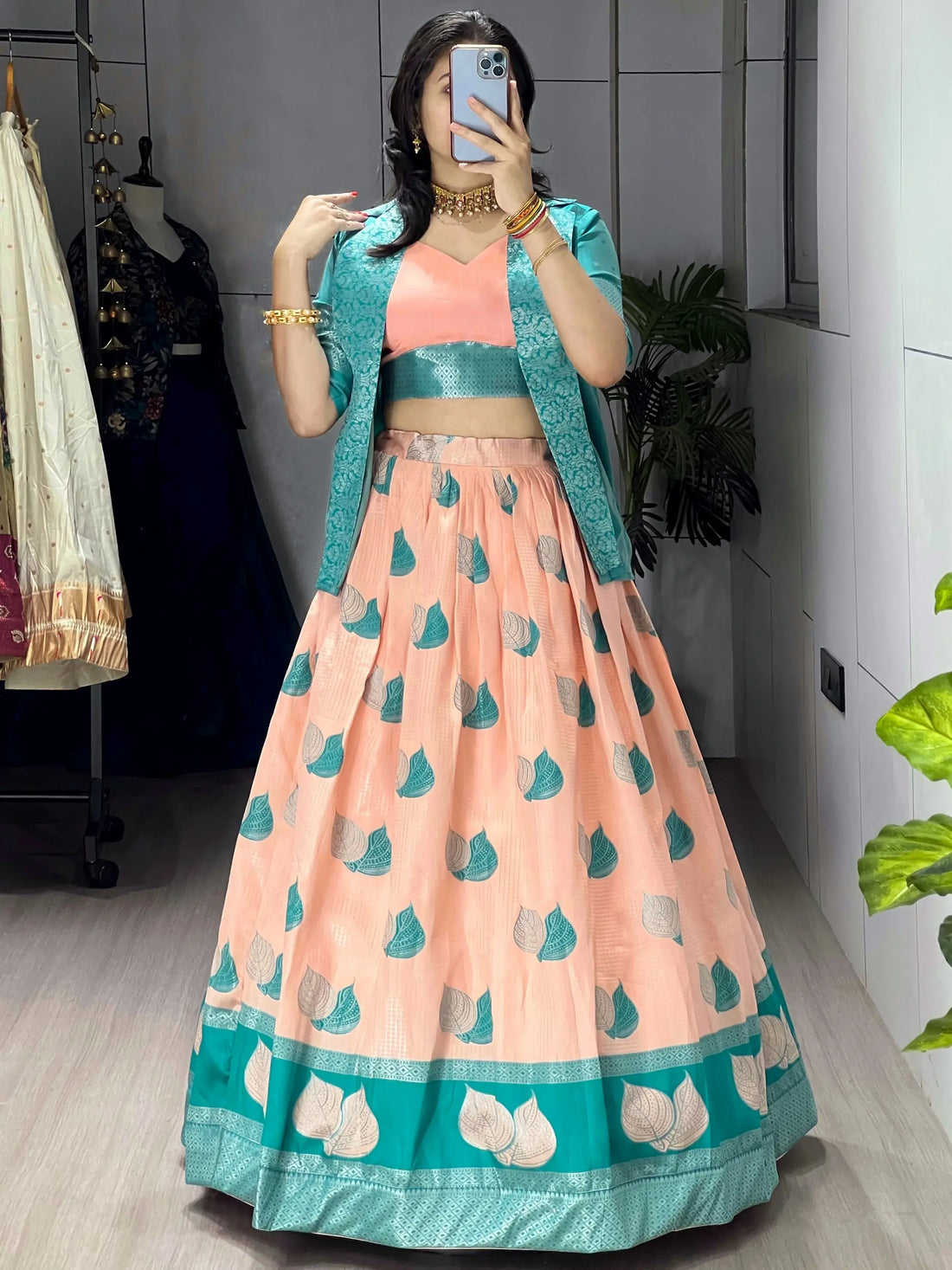 Excellent Peach Zari Weaving Jacquard Silk Festive Wear Lehenga Choli With Jacket
