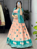 Excellent Peach Zari Weaving Jacquard Silk Festive Wear Lehenga Choli With Jacket