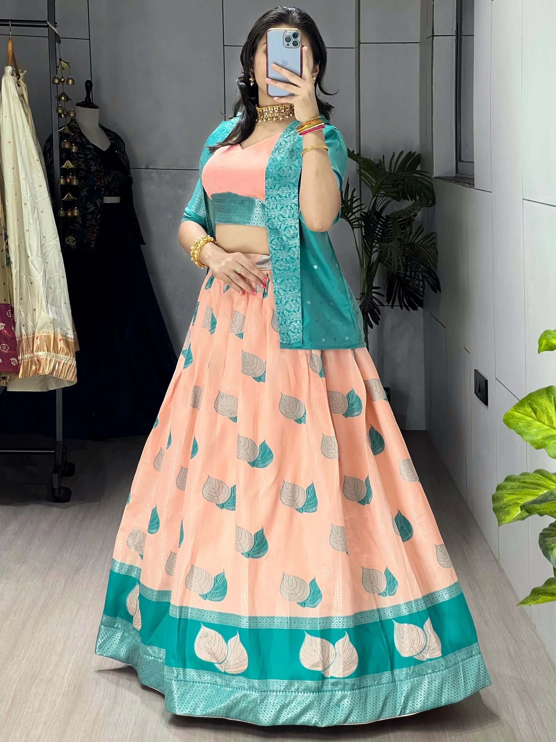 Excellent Peach Zari Weaving Jacquard Silk Festive Wear Lehenga Choli With Jacket