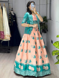 Excellent Peach Zari Weaving Jacquard Silk Festive Wear Lehenga Choli With Jacket