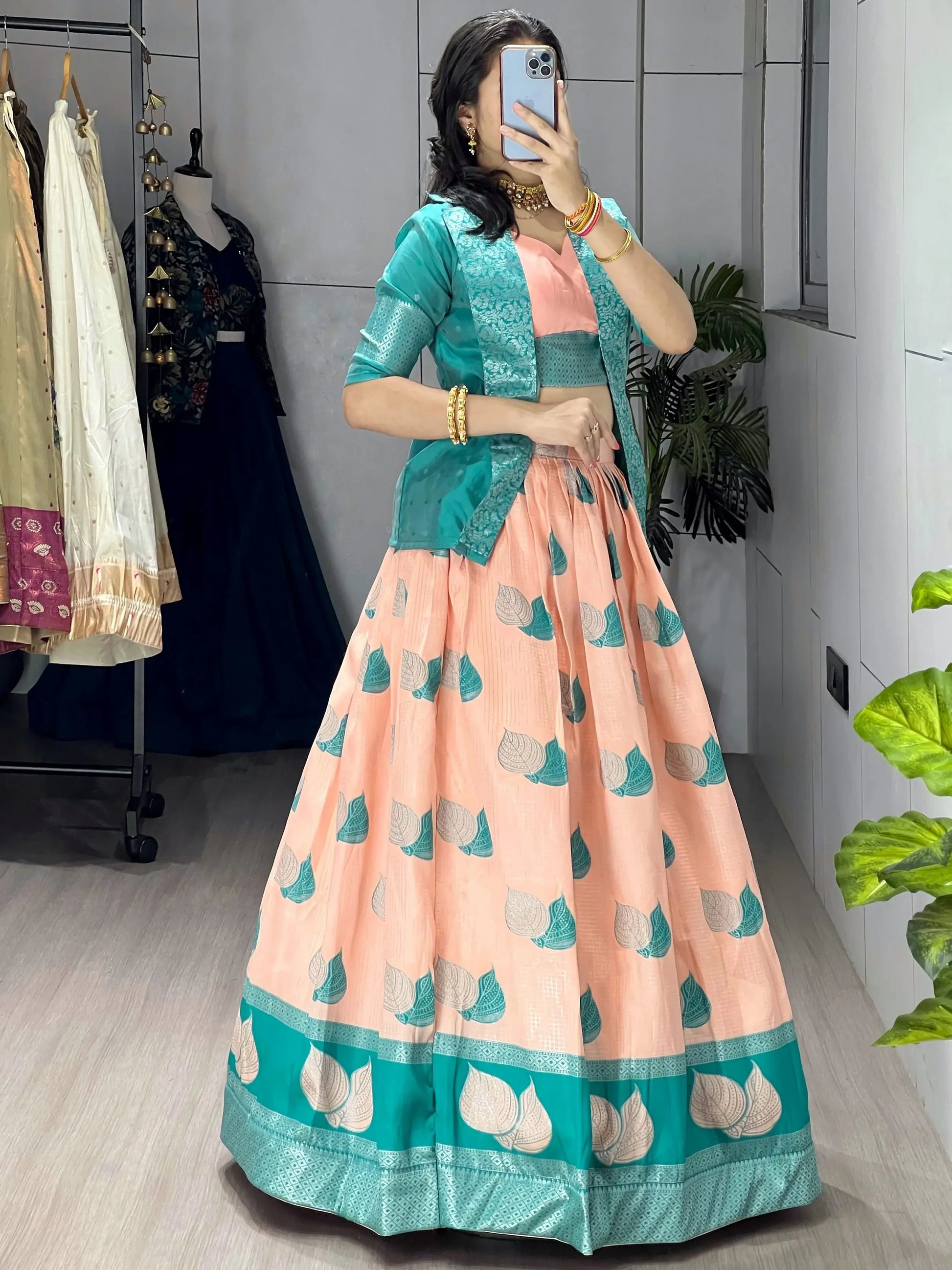 Excellent Peach Zari Weaving Jacquard Silk Festive Wear Lehenga Choli With Jacket