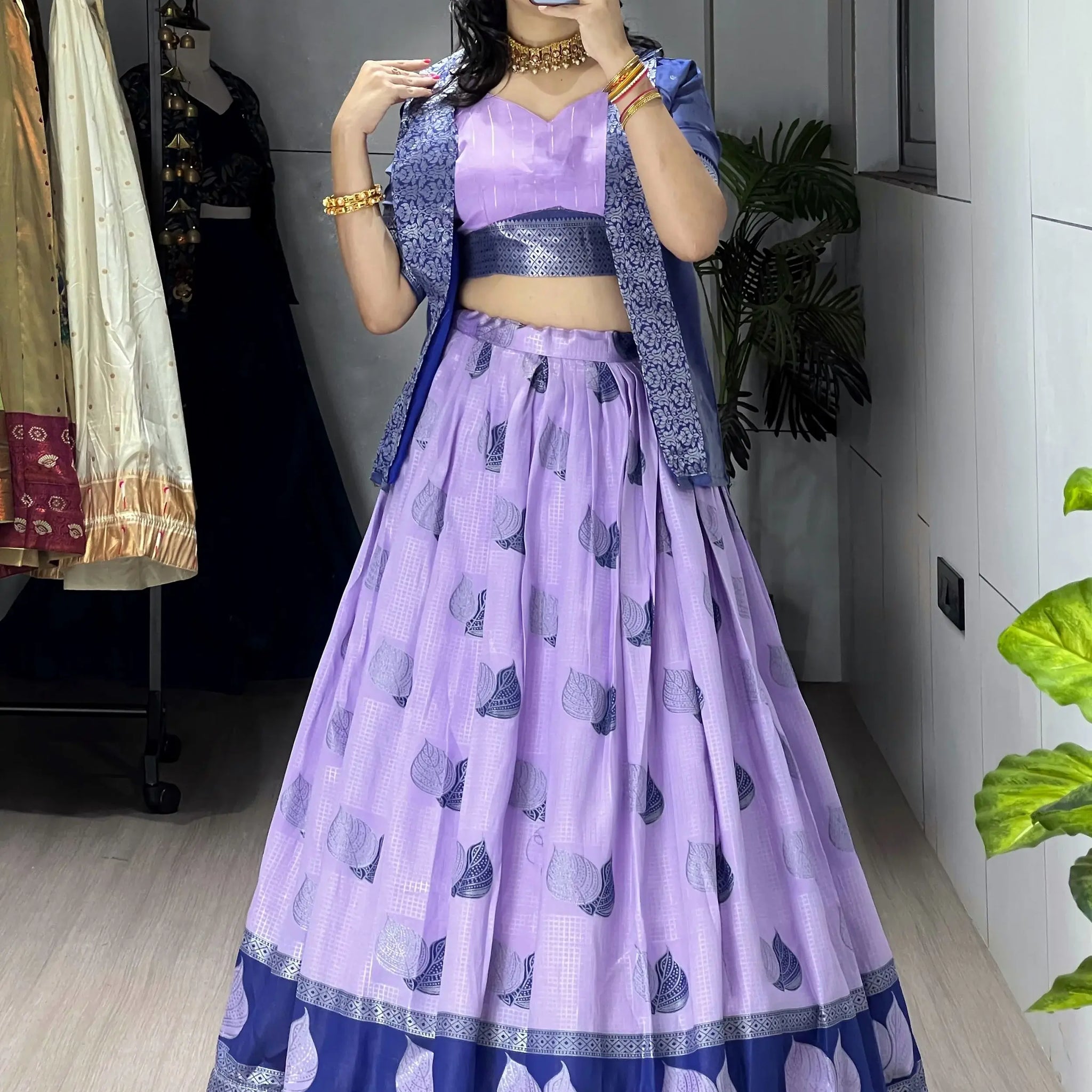 Super Purple Zari Weaving Jacquard Silk Evening Wear Lehenga Choli With Jacket