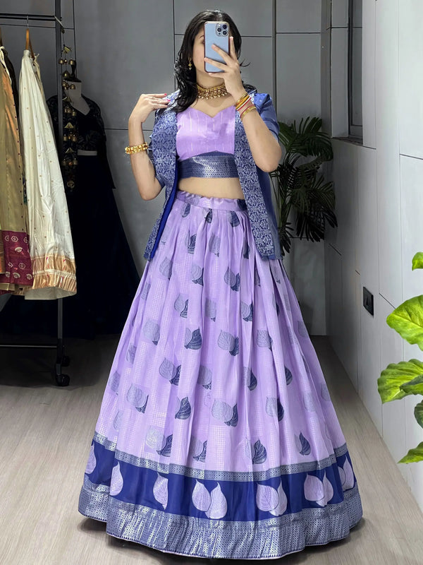 Super Purple Zari Weaving Jacquard Silk Evening Wear Lehenga Choli With Jacket