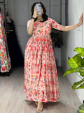 Amazing Peach Floral Printed Georgette Festive Wear Dress