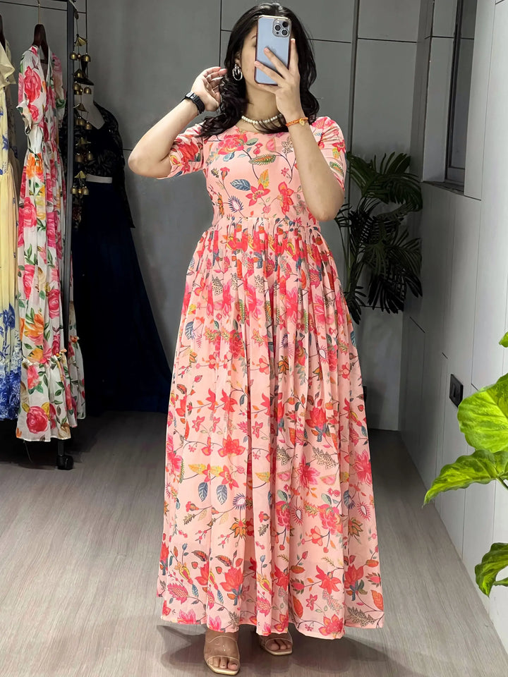 Amazing Peach Floral Printed Georgette Festive Wear Dress