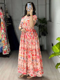 Amazing Peach Floral Printed Georgette Festive Wear Dress