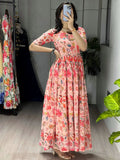 Amazing Peach Floral Printed Georgette Festive Wear Dress