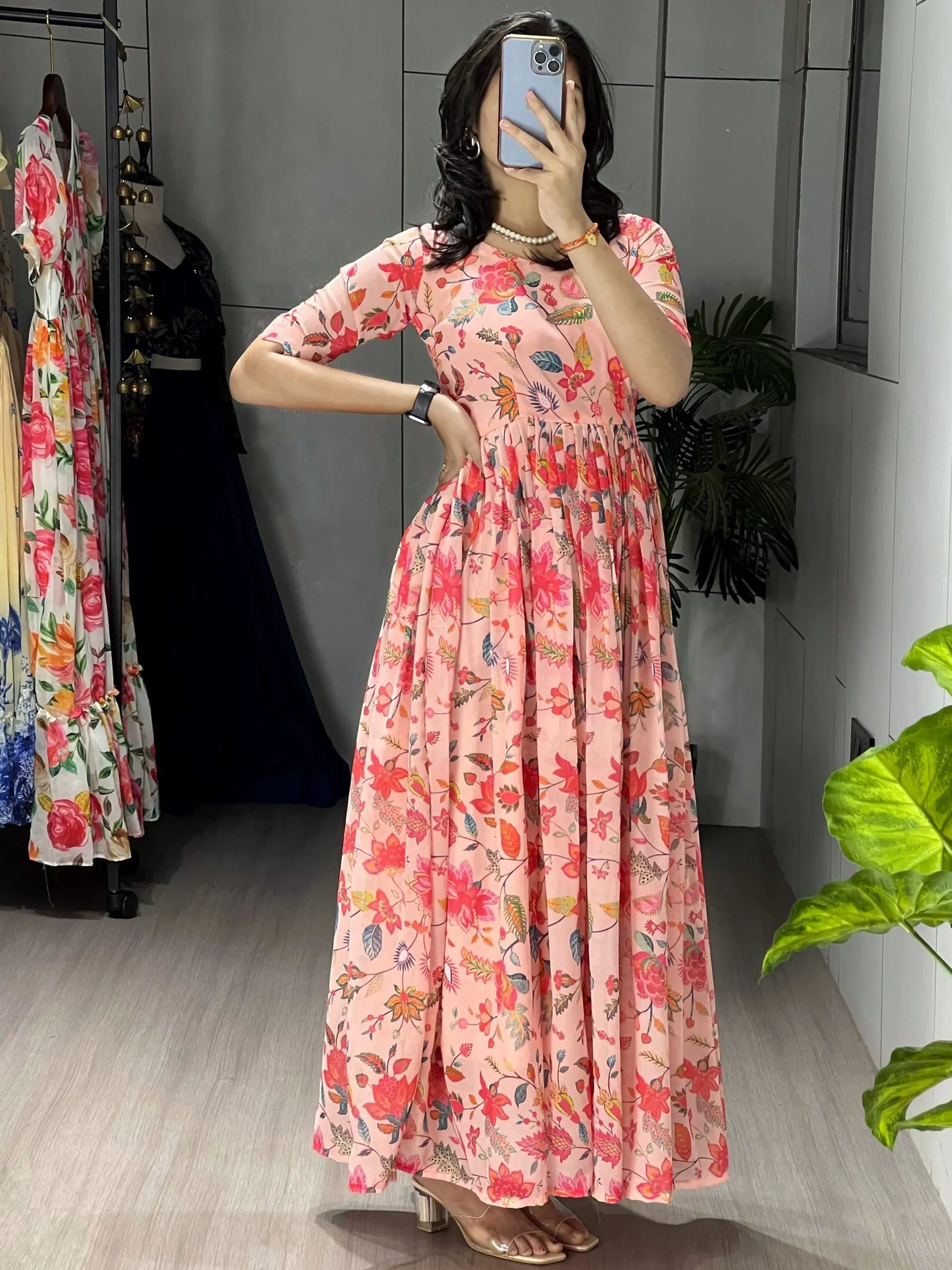 Amazing Peach Floral Printed Georgette Festive Wear Dress