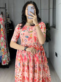 Amazing Peach Floral Printed Georgette Festive Wear Dress