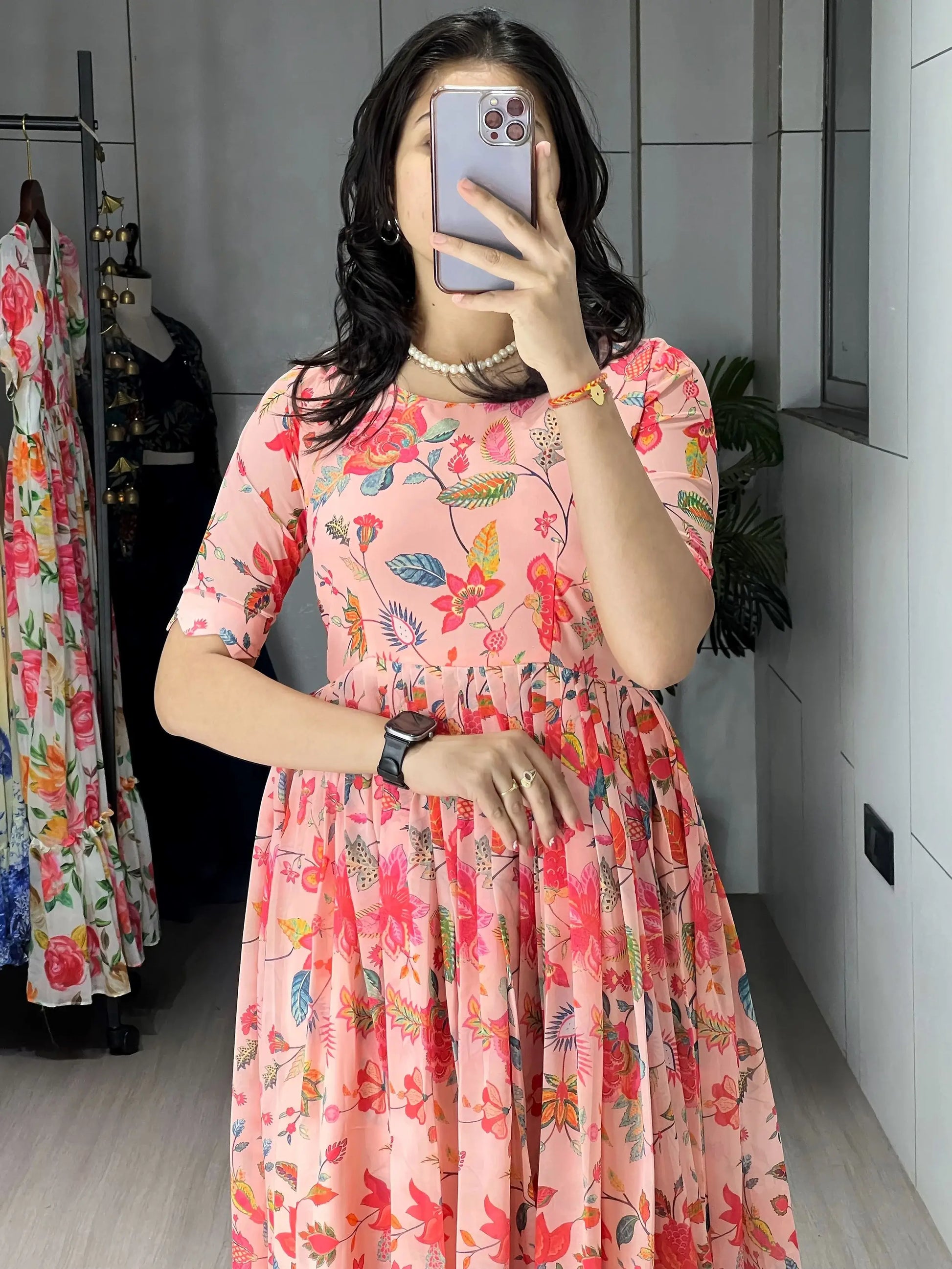 Amazing Peach Floral Printed Georgette Festive Wear Dress