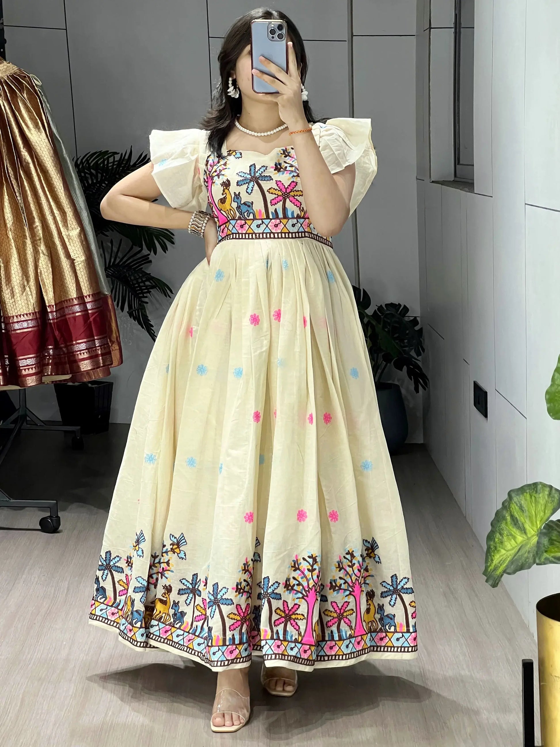 Regal Off White Floral Embroidery Cotton Casual Wear Dress