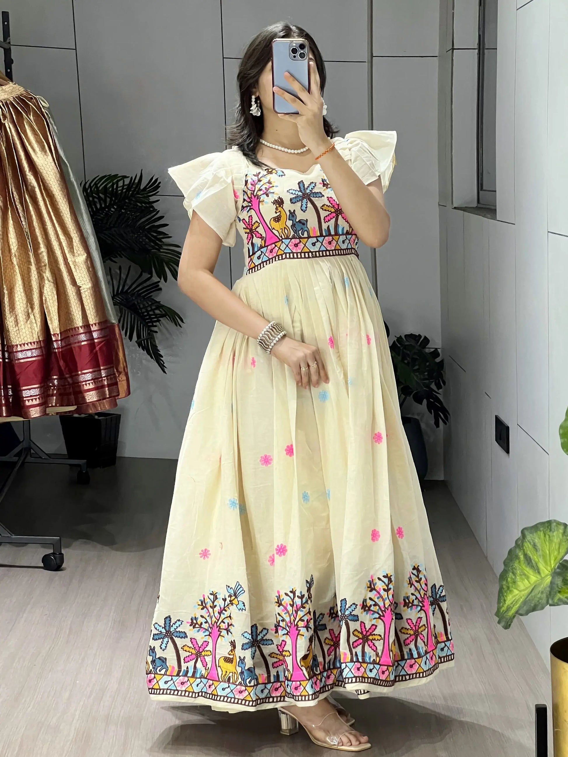 Regal Off White Floral Embroidery Cotton Casual Wear Dress