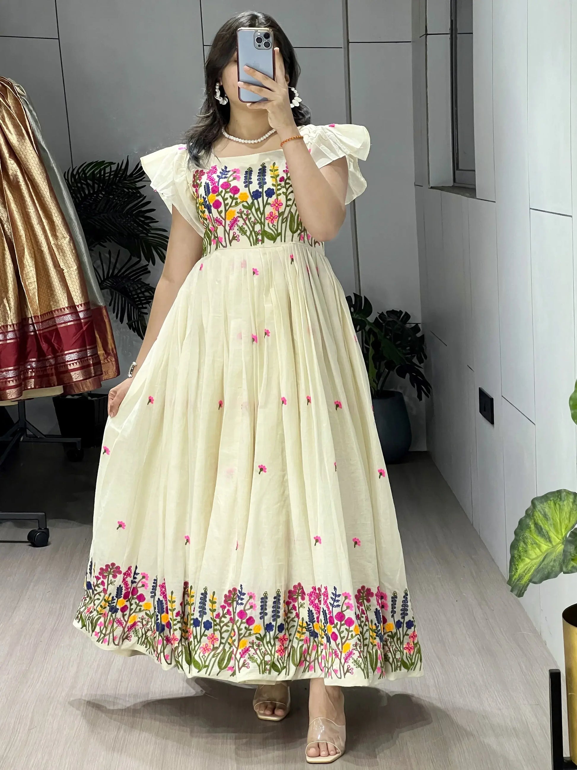 Classy Off White Embroidered Cotton Daily Wear Dress