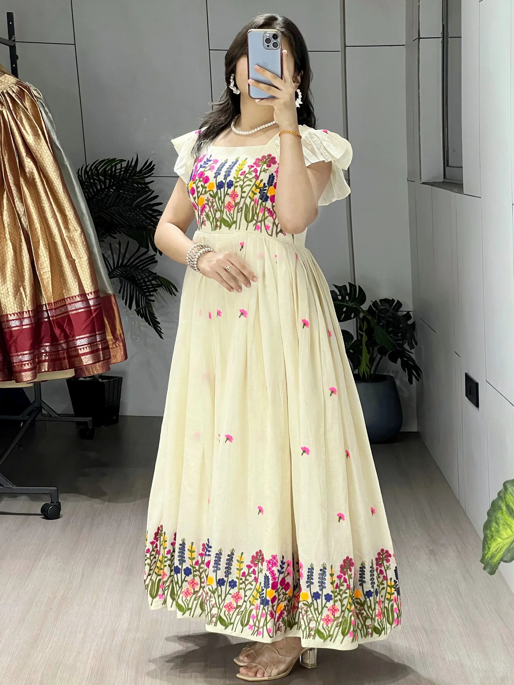 Classy Off White Embroidered Cotton Daily Wear Dress
