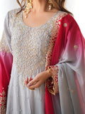 Beautiful Grey Pearl Work Festive Wear Chinon Sharara Suit