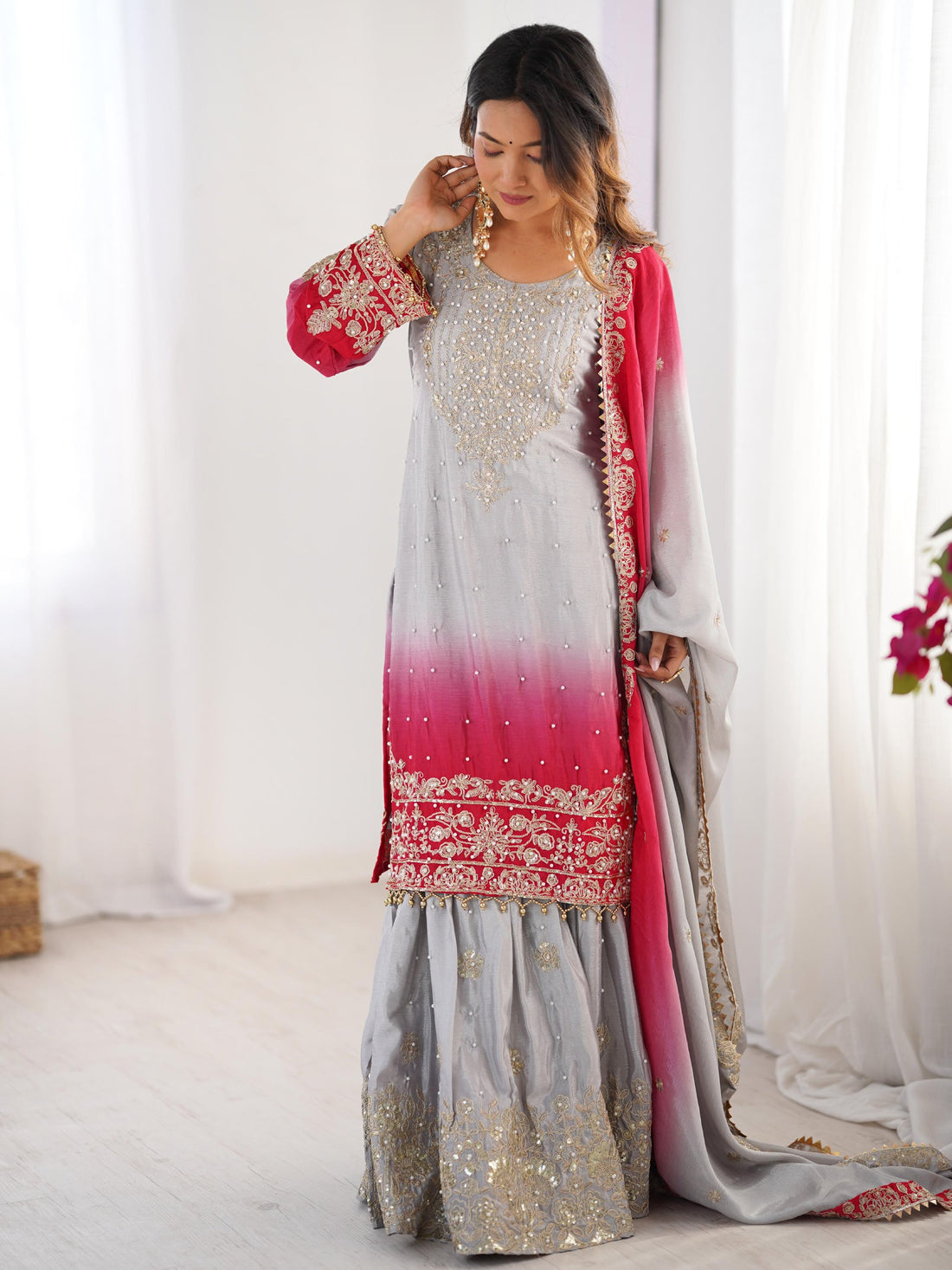 Beautiful Grey Pearl Work Festive Wear Chinon Sharara Suit