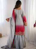 Beautiful Grey Pearl Work Festive Wear Chinon Sharara Suit