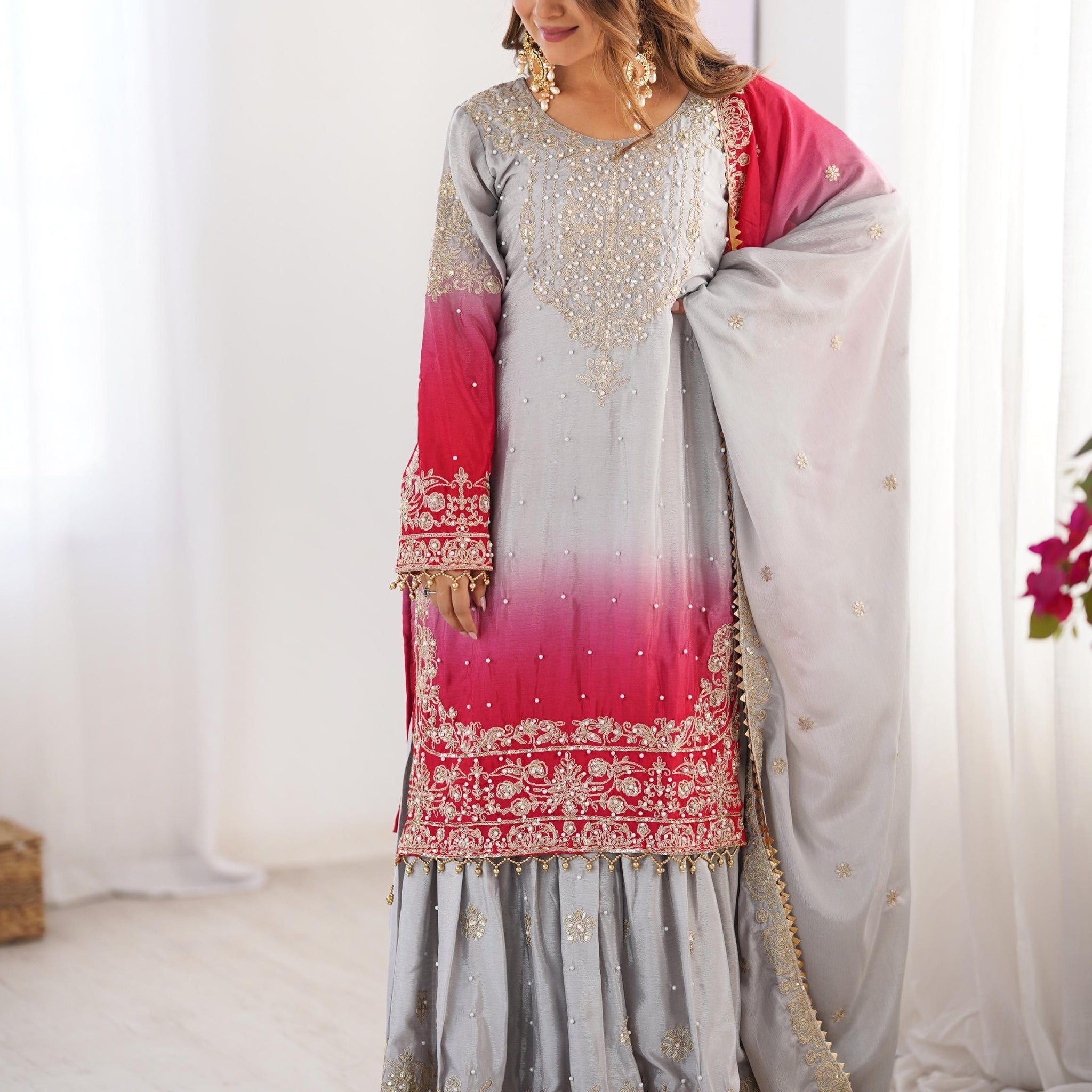 Beautiful Grey Pearl Work Festive Wear Chinon Sharara Suit