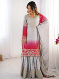 Beautiful Grey Pearl Work Festive Wear Chinon Sharara Suit