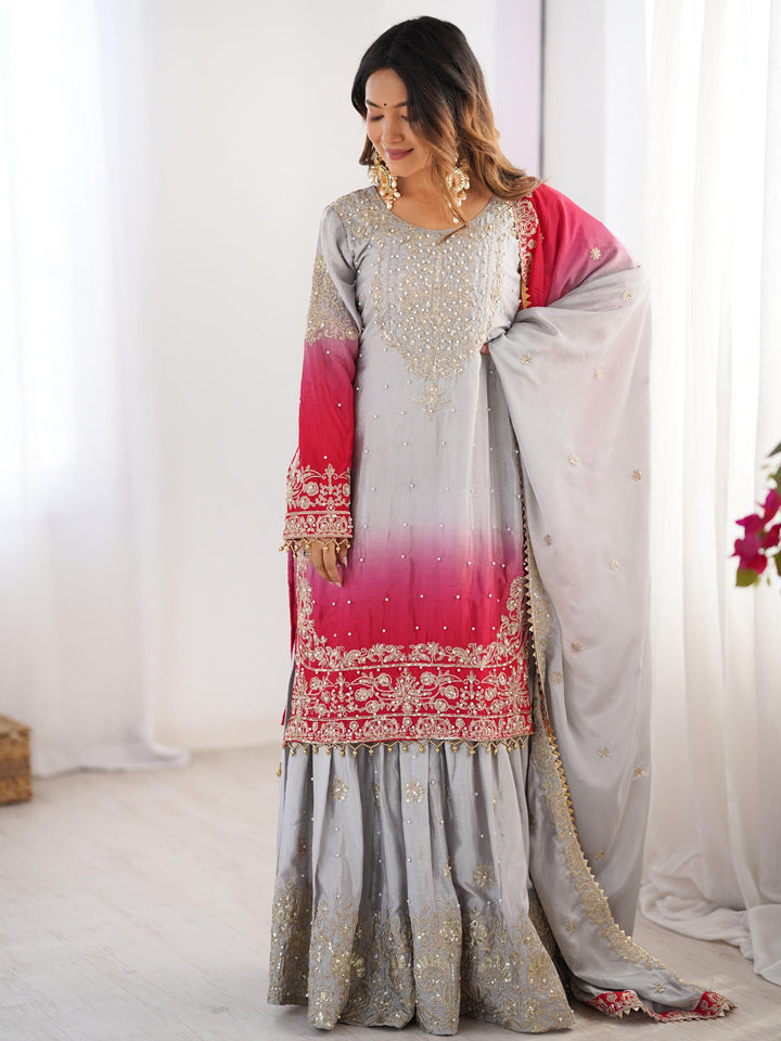 Beautiful Grey Pearl Work Festive Wear Chinon Sharara Suit