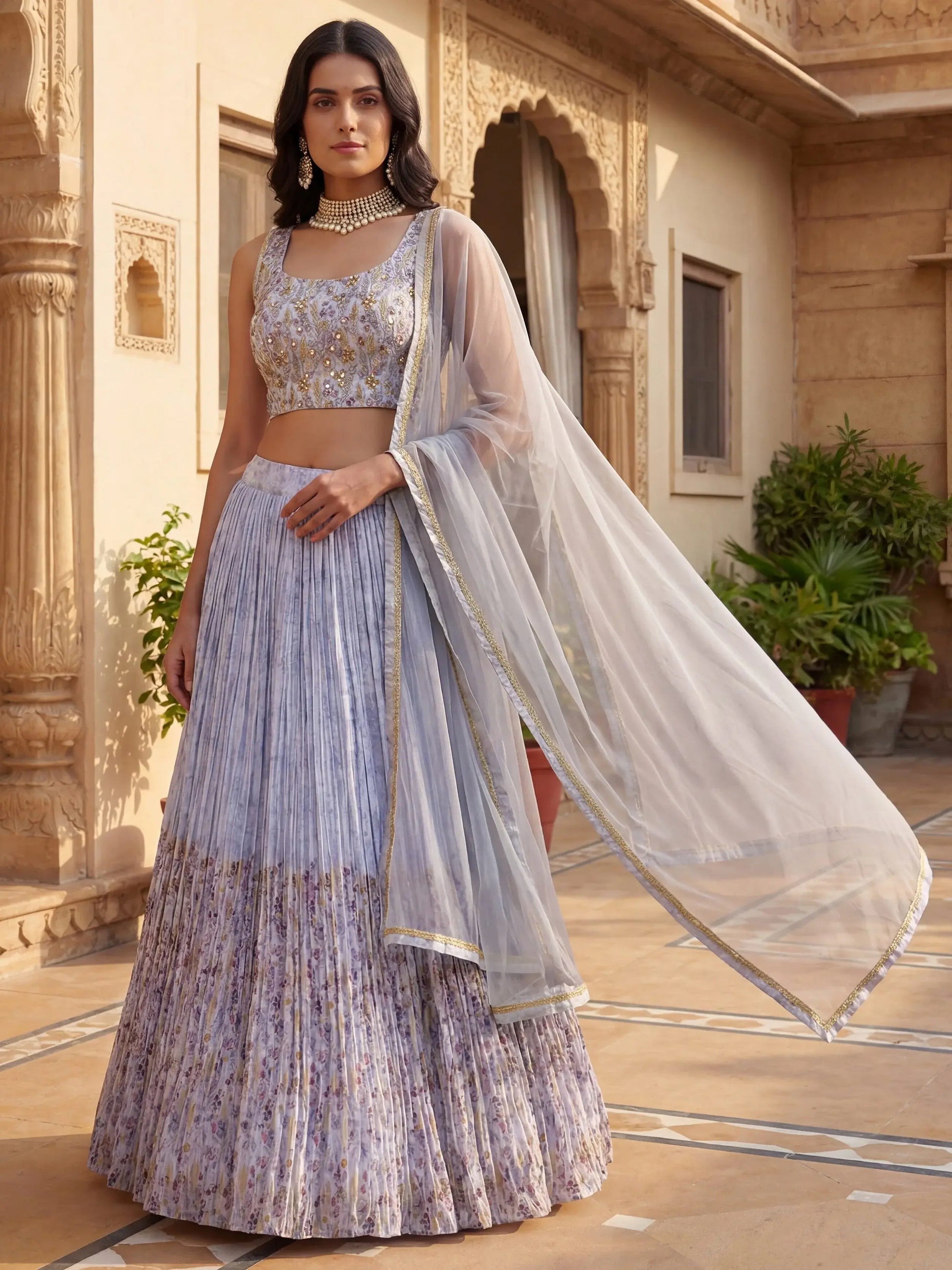 Dazzling Blue Floral Printed Georgette Bridesmaid Lehenga Choli With Dupatta