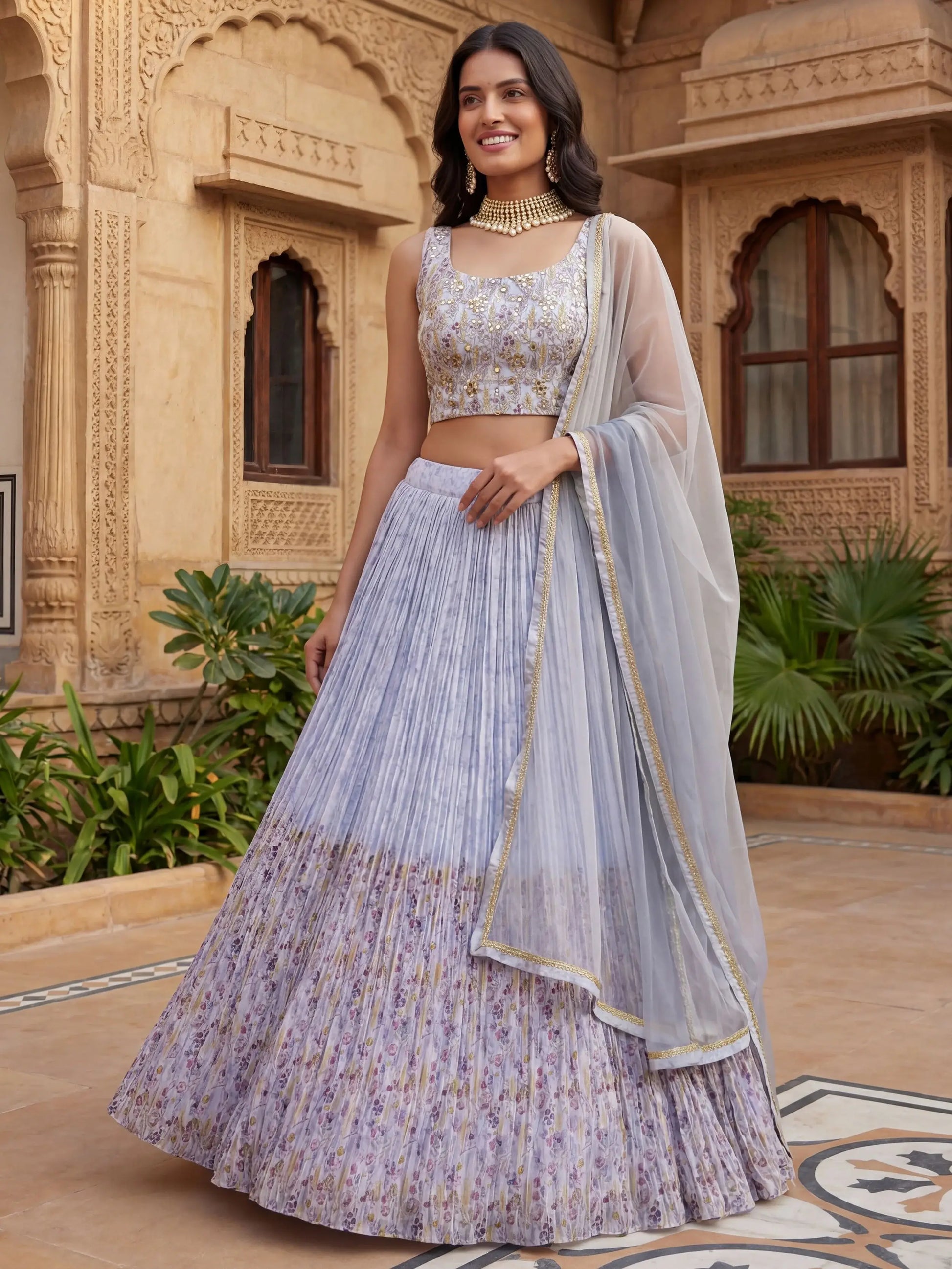 Dazzling Blue Floral Printed Georgette Bridesmaid Lehenga Choli With Dupatta