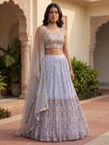 Dazzling Blue Floral Printed Georgette Bridesmaid Lehenga Choli With Dupatta