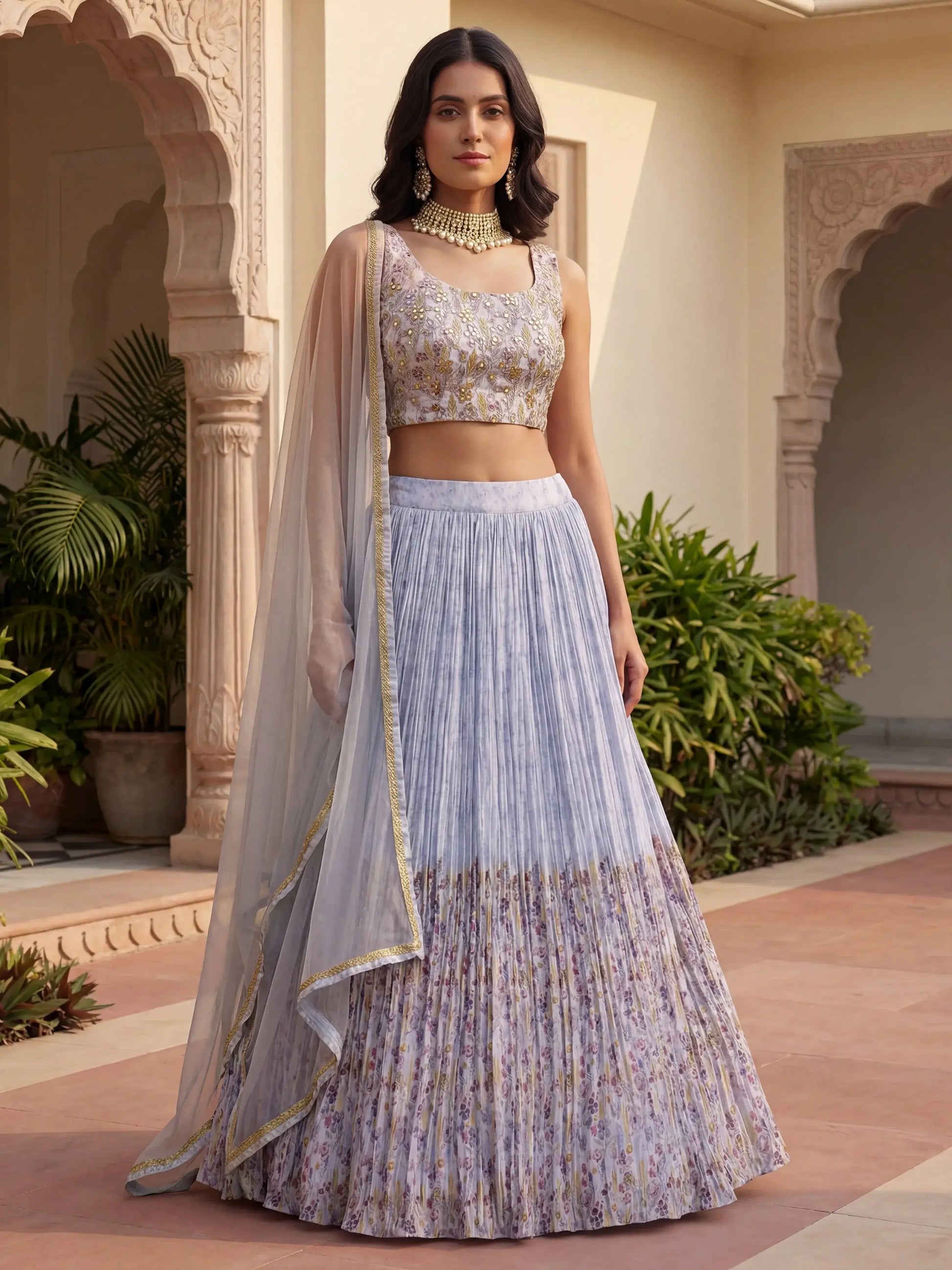 Dazzling Blue Floral Printed Georgette Bridesmaid Lehenga Choli With Dupatta
