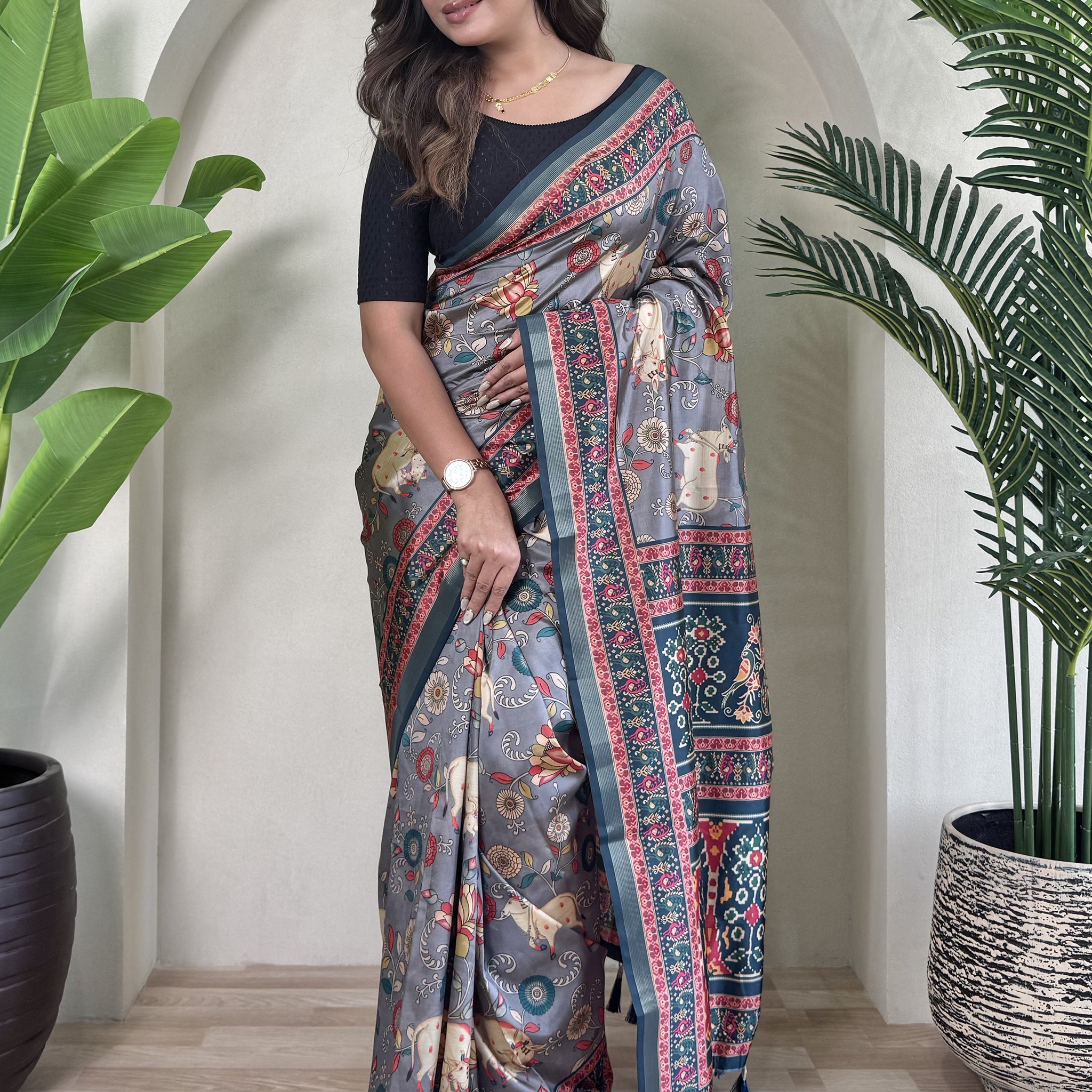 Alluring Blue Pichwai Printed Viscose Silk Casual Wear Saree With Blouse
