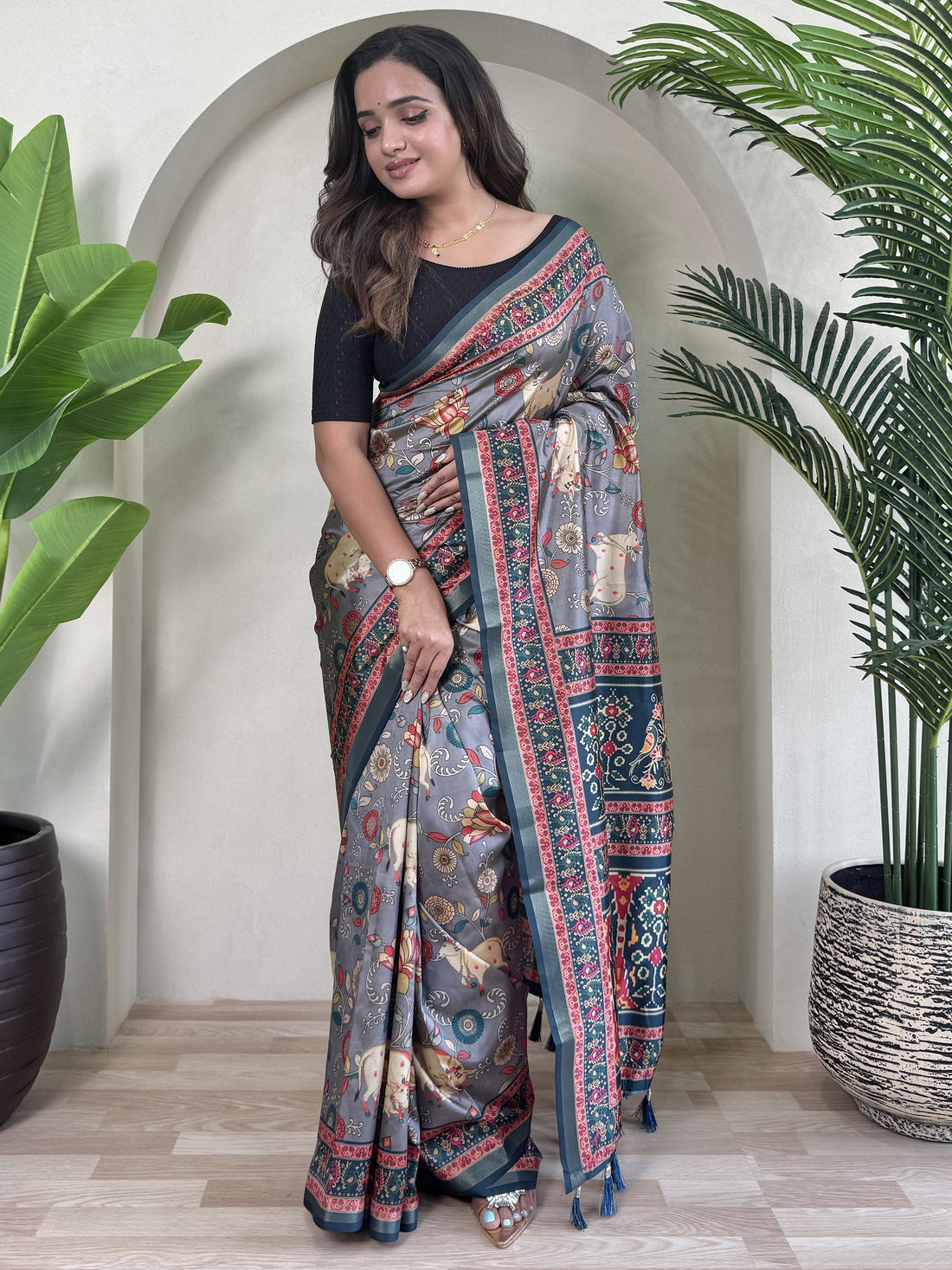 Alluring Blue Pichwai Printed Viscose Silk Casual Wear Saree With Blouse