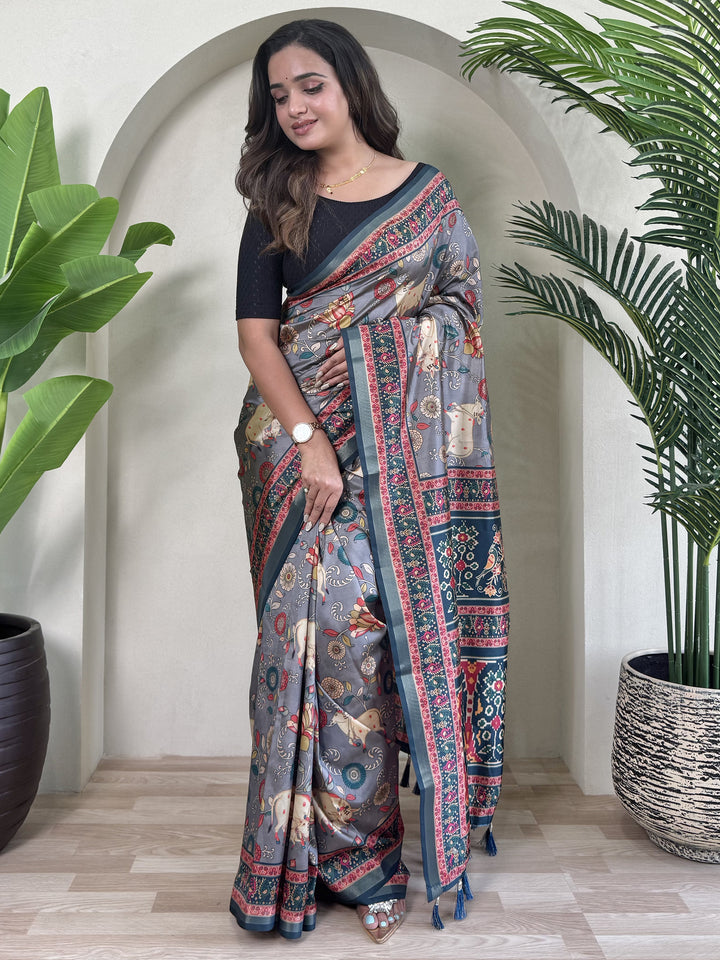 Alluring Blue Pichwai Printed Viscose Silk Casual Wear Saree With Blouse