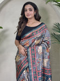 Alluring Blue Pichwai Printed Viscose Silk Casual Wear Saree With Blouse