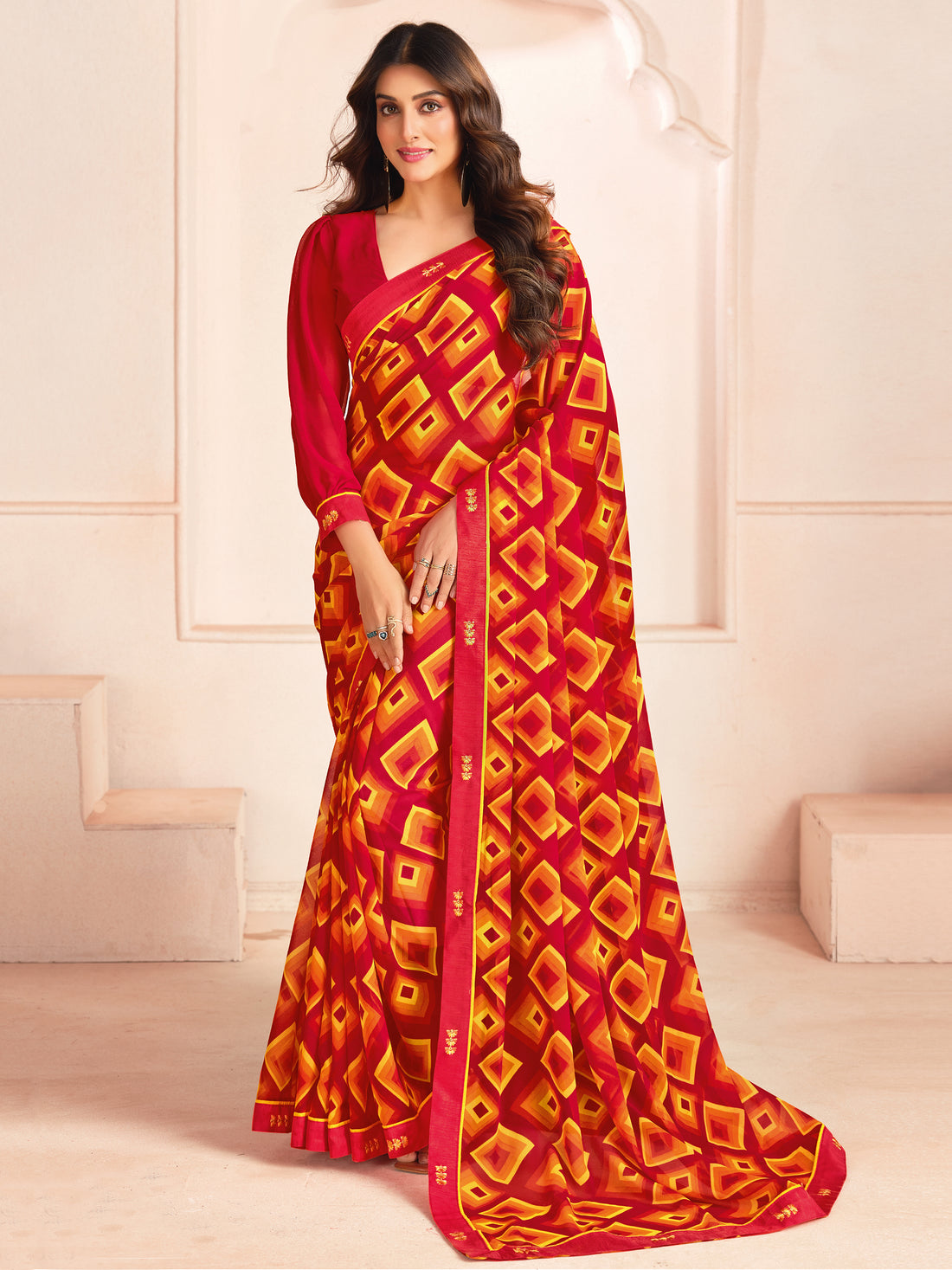 Lovely Red Digital Printed Georgette Office Wear Saree With Blouse