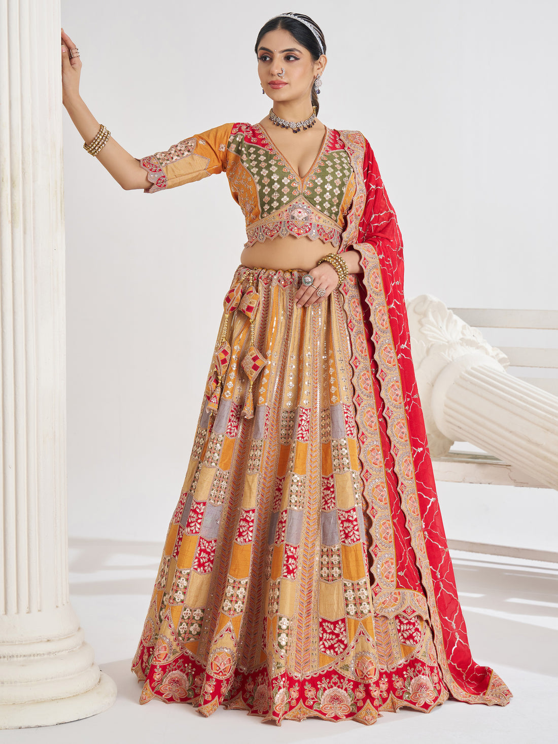 Great Mustard Yellow Thread Work Dola Silk Bridesmaid Lehenga Choli
